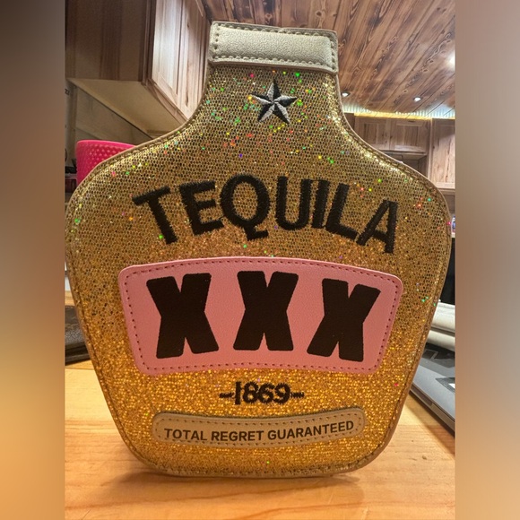 Handbags - Gold Glitter Tequila Bottle Bag